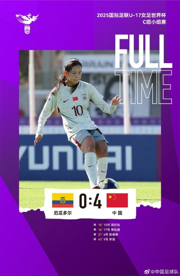 U17女足宇宙杯C组小组赛，中国4比0厄瓜多尔，小组第二进犯淘汰赛